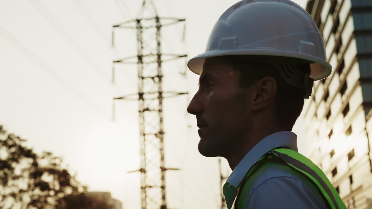 Engineer in Hard Hat with Power Lines