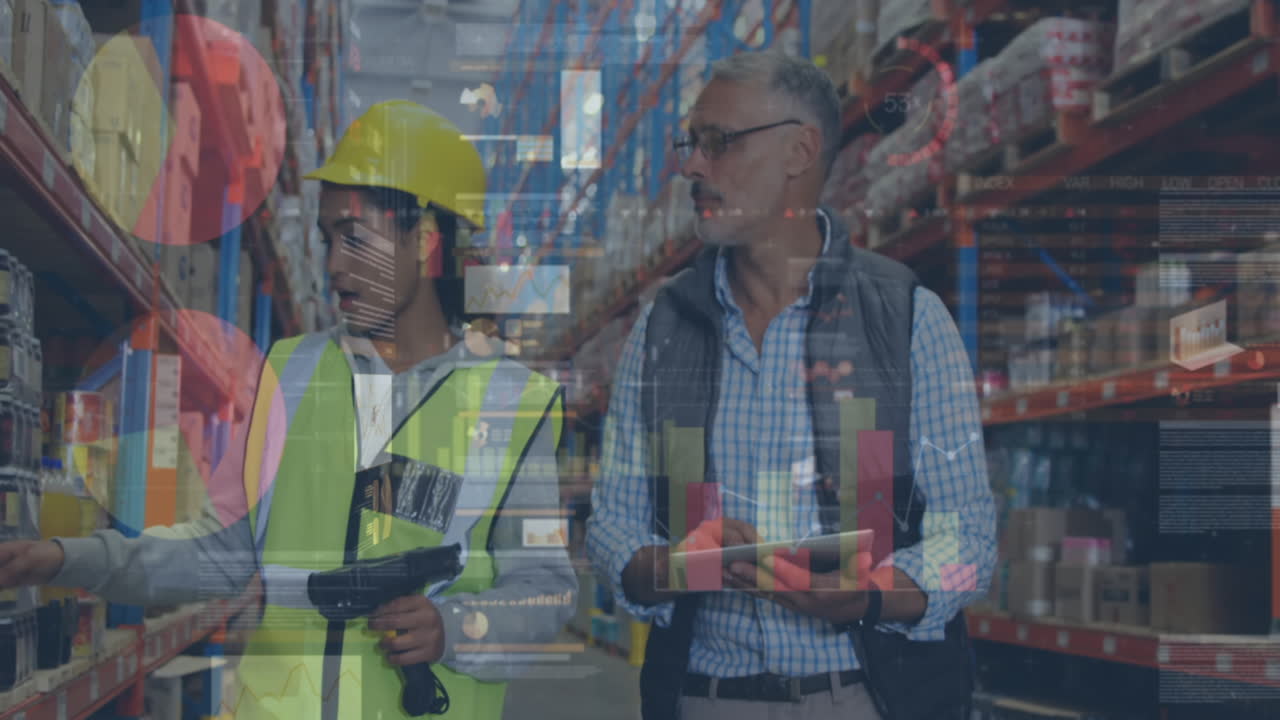 animación de estadísticas y procesamiento de datos financieros sobre hombres y mujeres que trabajan en almacenes