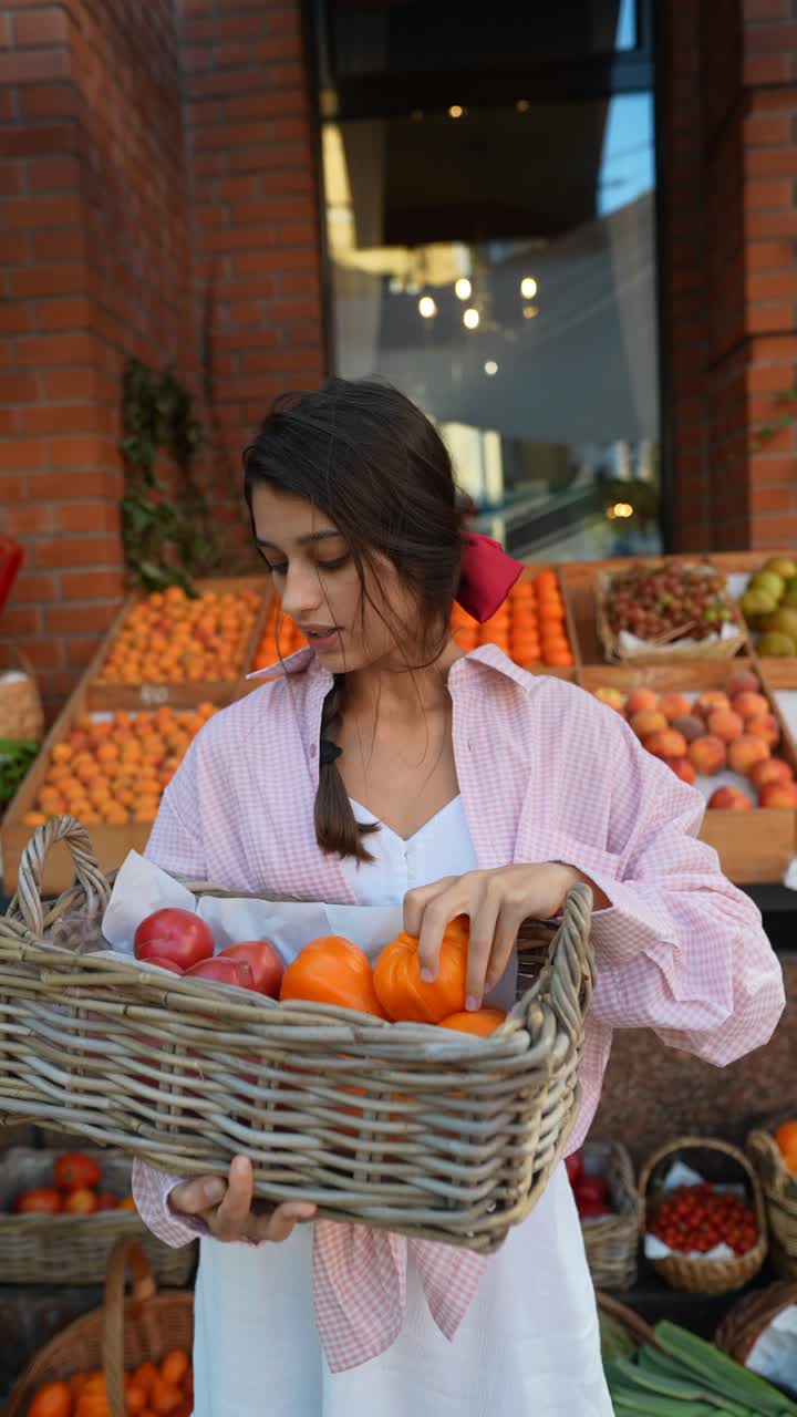 mujer comprando frutas y verduras en una tienda de comestibles