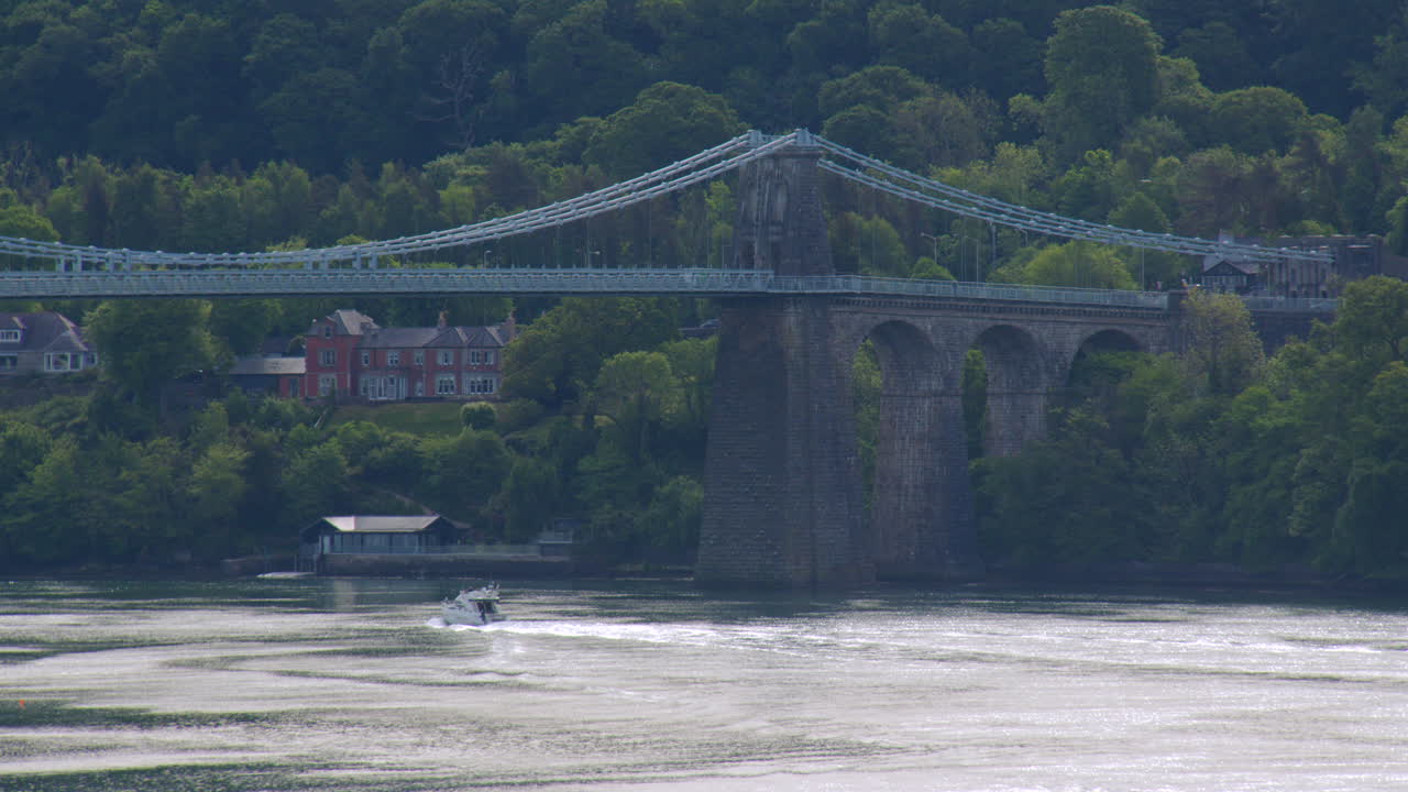 shot of the south side of the Menai Suspension Bridge on the Menai Strait at Llanfairpwllgwyngyll