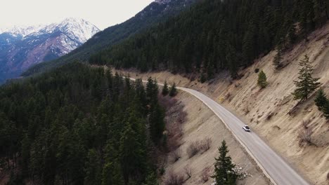 white truck drives along road through forest landscape in british columbia, canada