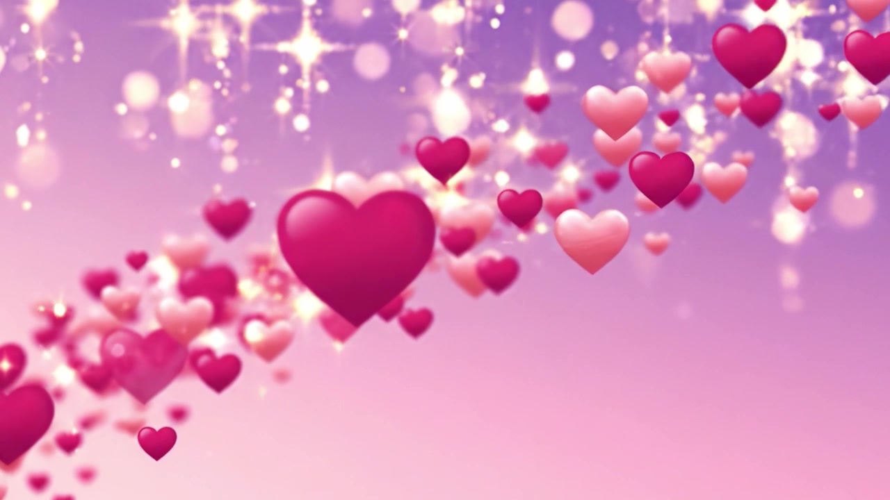 Una cascata sognante di cuori fluttuanti su uno sfondo rosa e viola tenue, creando un'atmosfera stravagante perfetta per celebrazioni di amore e affetto.