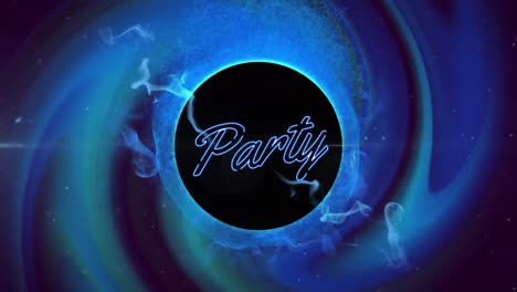 animación de torbellino de luz azul y humo sobre texto de la fiesta en fondo negro