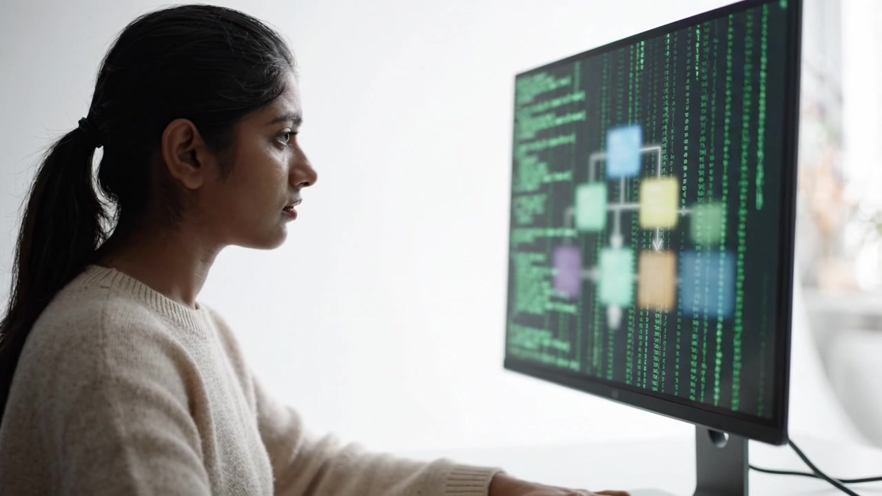 A focused individual analyzes complex coding and algorithm flowcharts displayed on a monitor, illustrating deep engagement with programming and data processing.