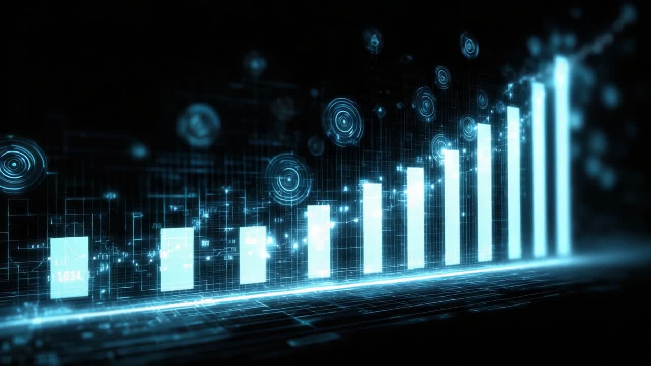 Dynamisk datavisualisering: Et høyteknologisk stolpediagram som illustrerer progressive veksttrender gjennom digitale elementer og grafiske forbedringer.