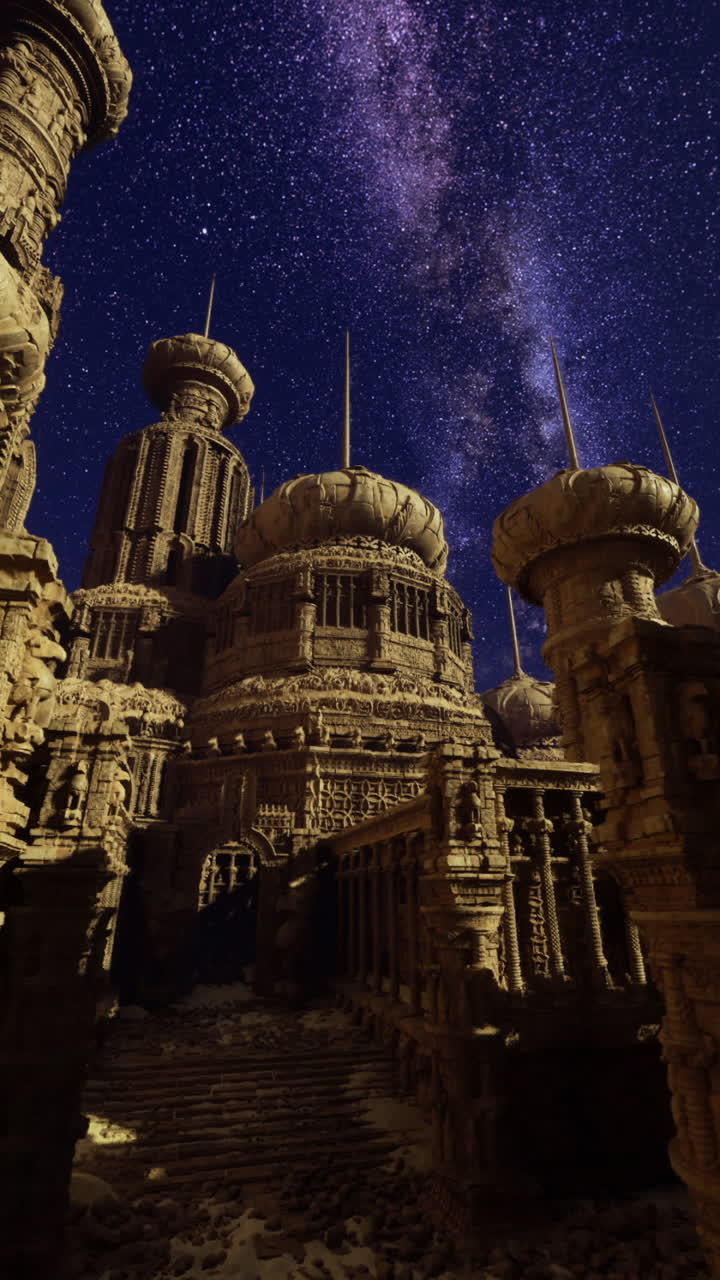Ancient architectural wonders illuminated by starlit sky at night