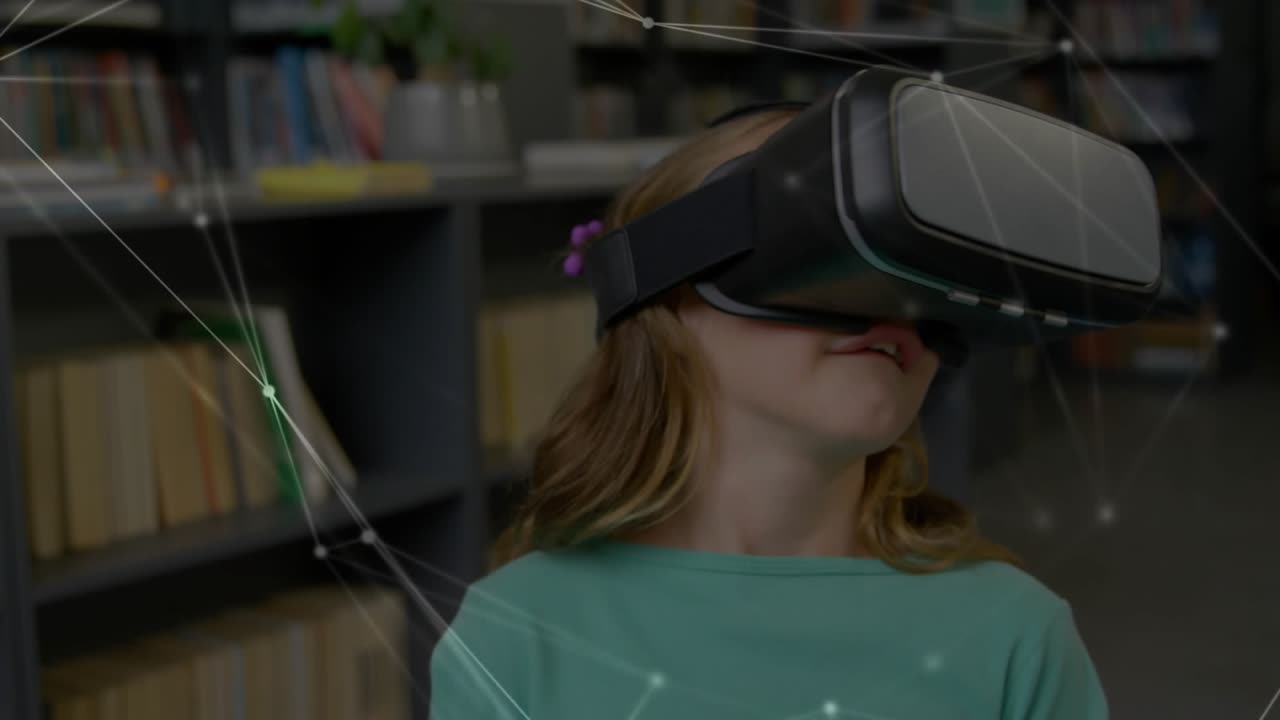 Girl in VR scanning library shelves on head movement activating network nodes for learning