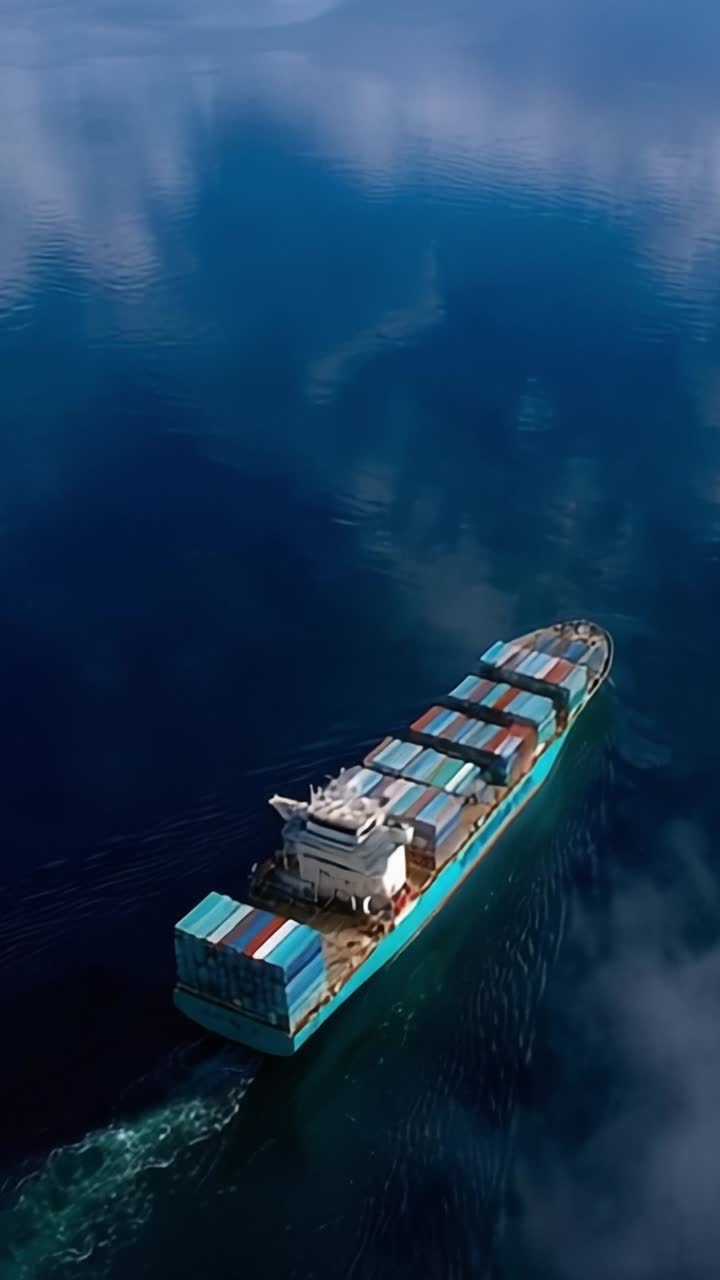 Aerial View of a Cargo Ship Navigating Through Calm Waters Under a Clear Sky, Displaying a Load of Colorful Containers in a Serene Maritime Environment