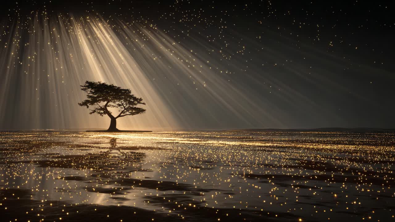 A Serene Tree Illuminated by Radiant Beams of Light Against a Starry Background, Capturing the Beauty of Nature's Tranquility at Twilight