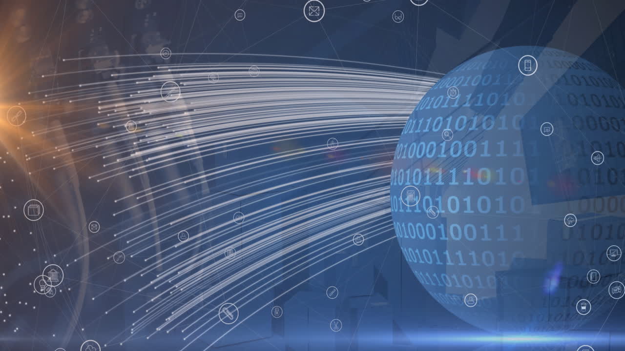 Animation of icons floating over globe and binary code