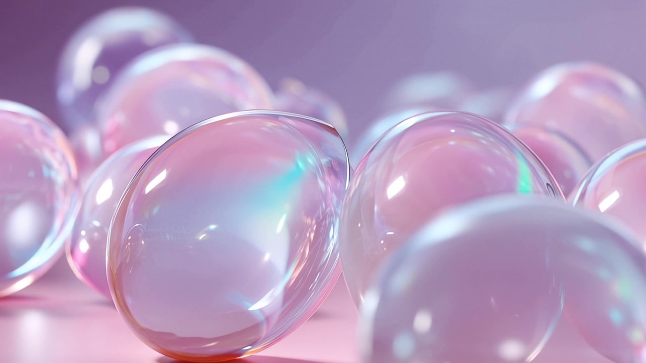 Sfere traslucide scintillanti su uno sfondo rosa pastello e viola.