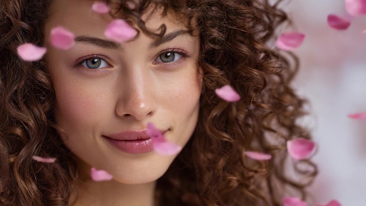 Ritratto accattivante di una giovane donna circondata da morbidi petali rosa, che sottolinea la bellezza naturale, l'espressione e la serenità in un'ambientazione floreale artistica.