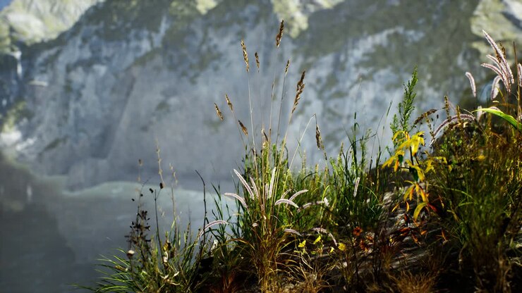 fresh grass at big rocky cliff in ocean