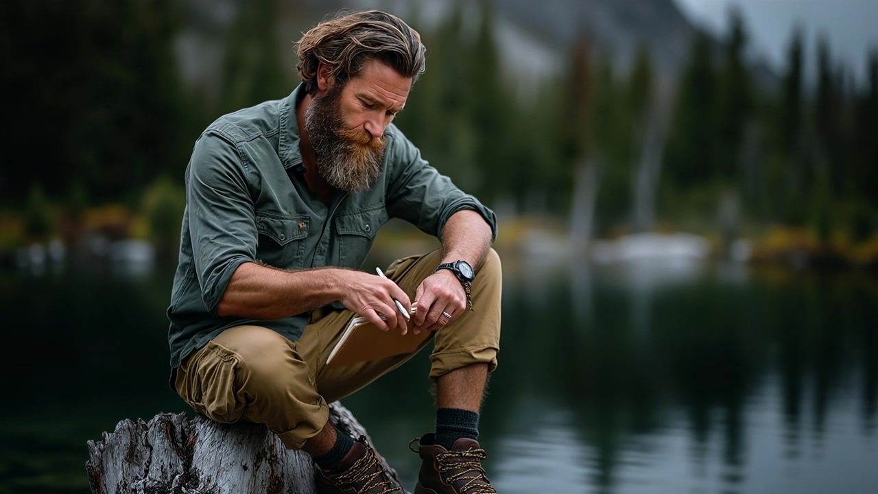 Uomo barbuto seduto su un tronco vicino a un lago di montagna che tiene in mano un foglio di carta da un quaderno