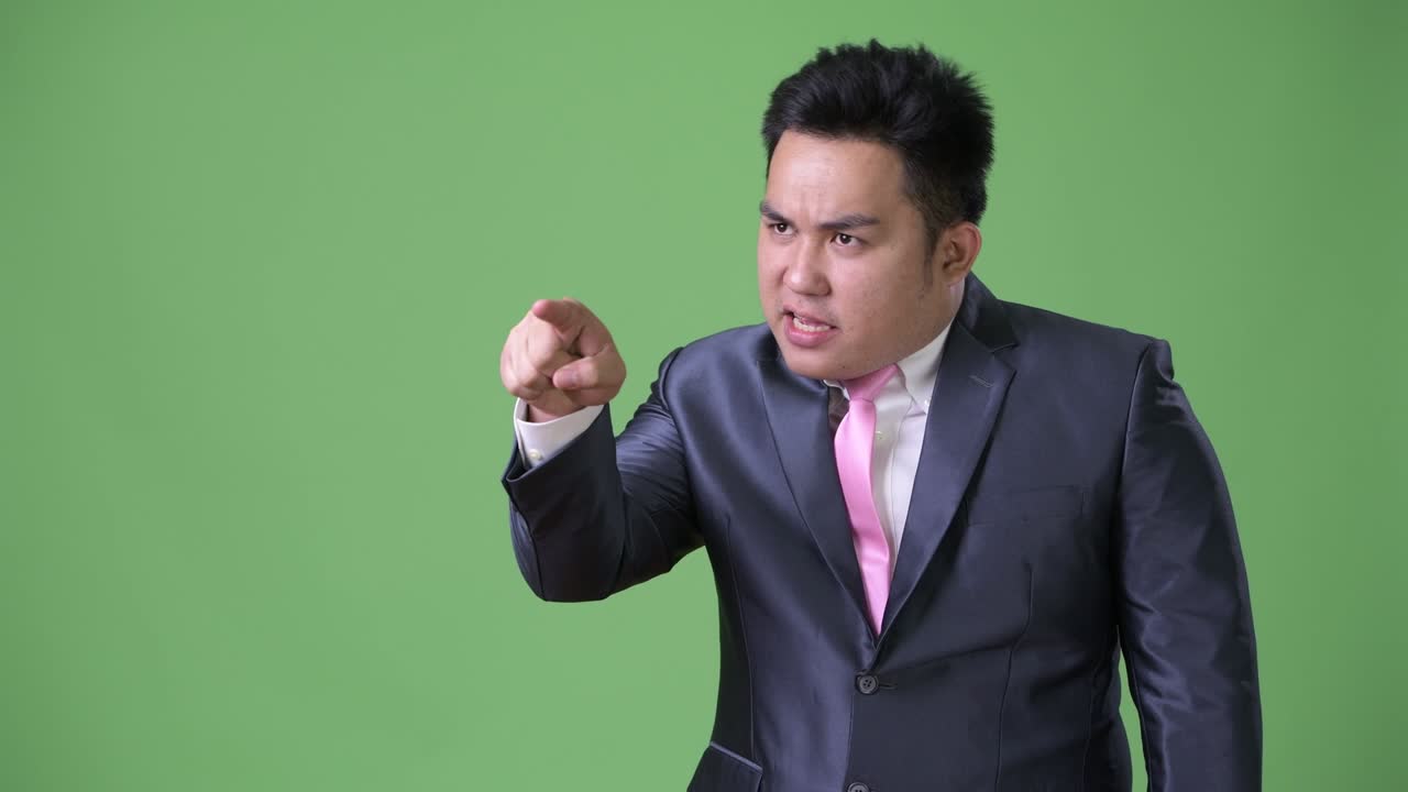 초록색 배경에 젊은 잘생긴 과체중 아시아 사업가