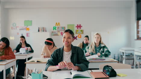 Education,-student-and-laughing-in-classroom