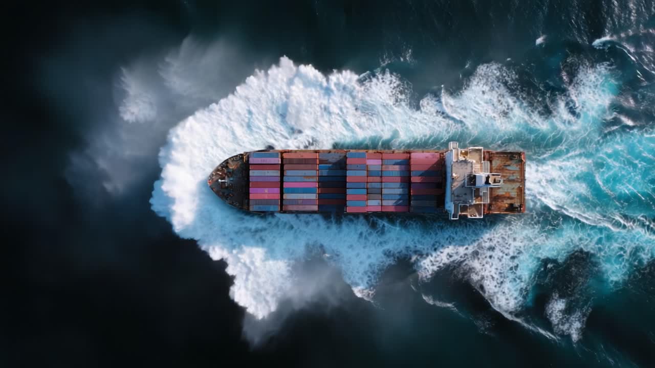 Aerial View of a Freight Ship Navigating Through Turbulent Waters, Leaving a Surging Wake Behind, Demonstrating Maritime Power and Efficiency