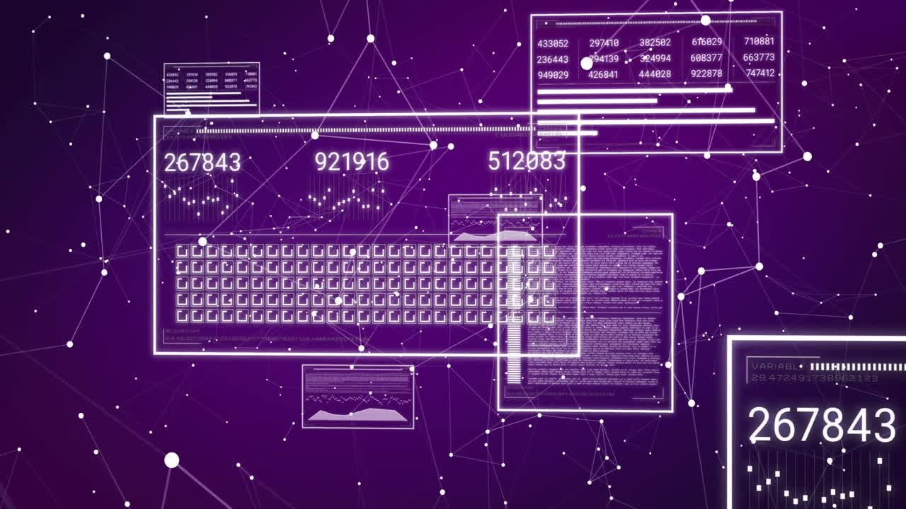 Digital data processing animation over network connections on purple background