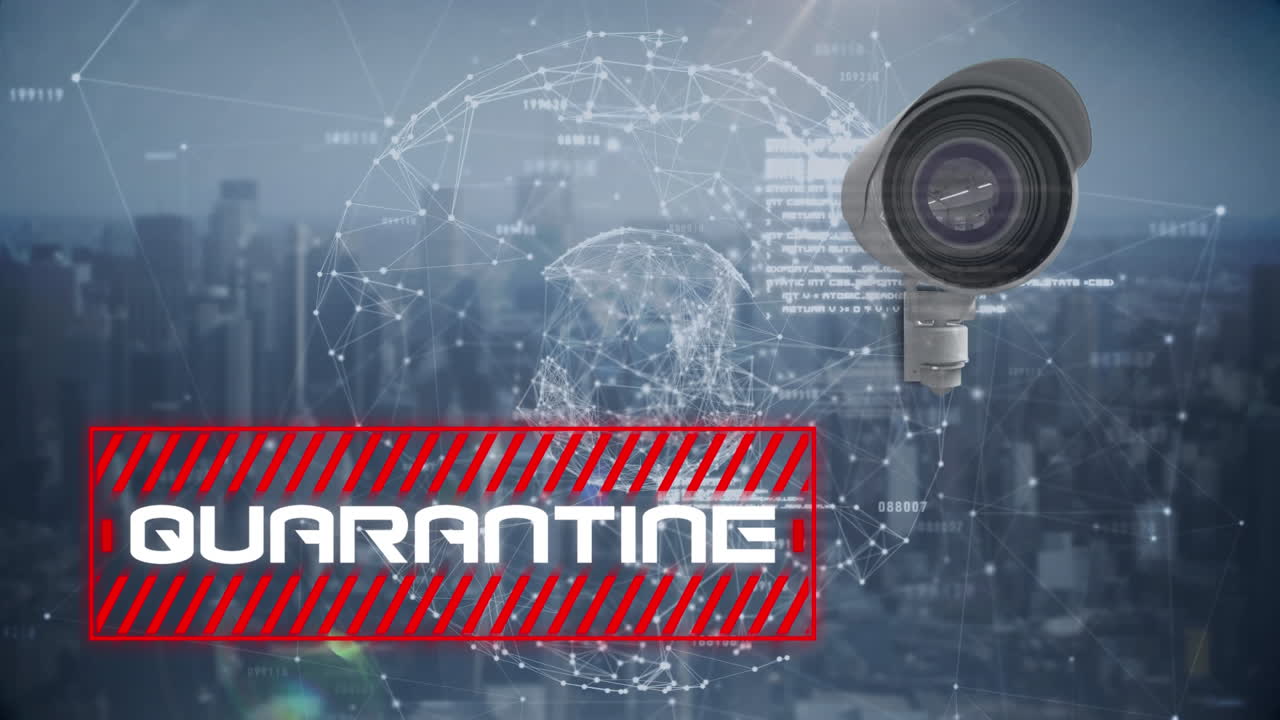 Parola Quarantena scritta con telecamera in movimento e un globo che gira sullo sfondo