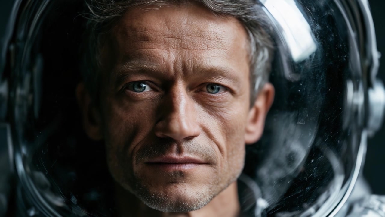 Et intenst nærbillede af en astronaut i en hjelm, der fanger dybden af tanker og følelser i en futuristisk rumindstilling
