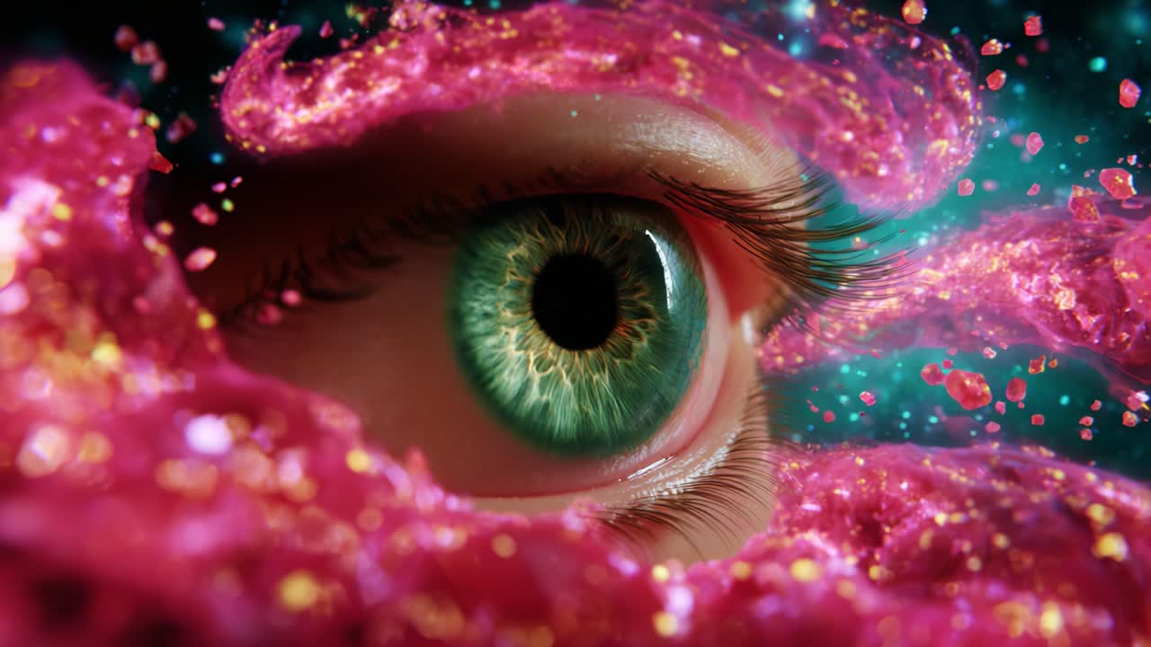 A close-up view of a mesmerizing human eye surrounded by vibrant pink and sparkling cosmic elements, showcasing artistic details and the beauty of the iris along with abstract swirling patterns in the background