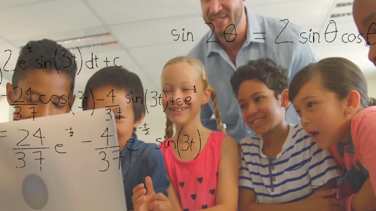 Animation of math formulas over diverse pupils and male teacher at school
