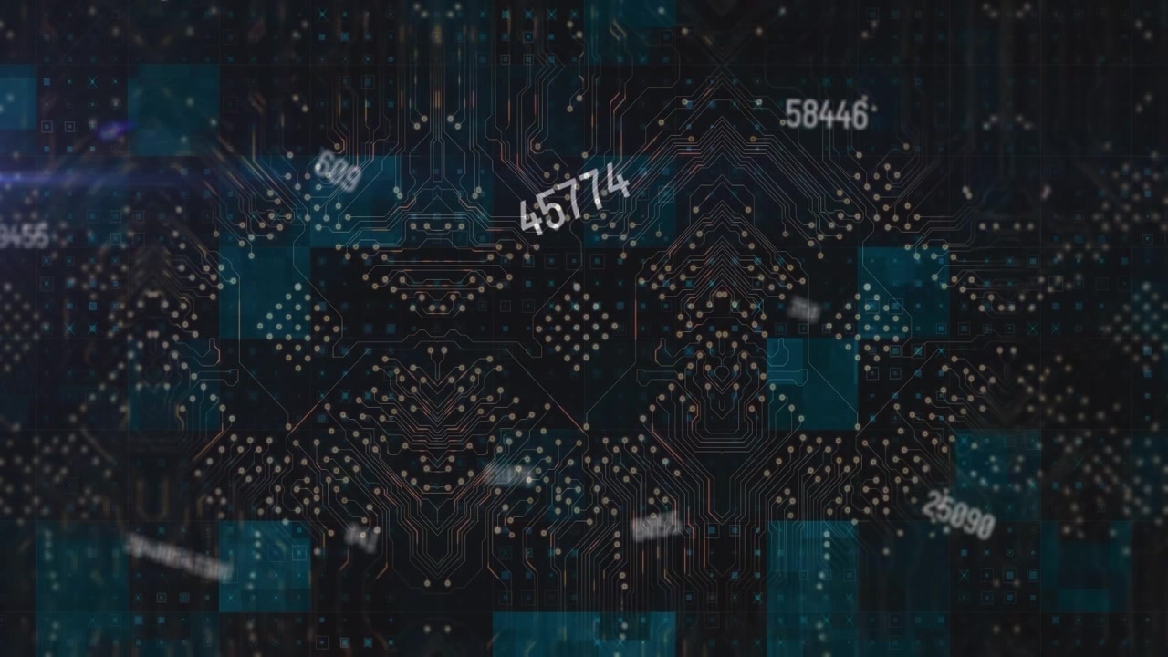 Animation of computer circuit board and data processing on black background