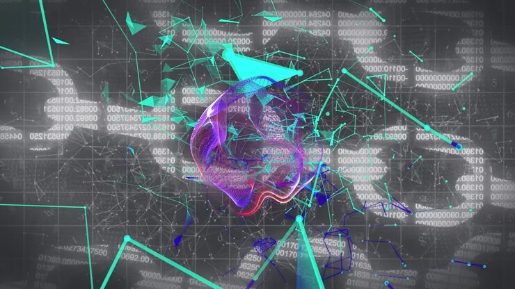 Animation of shapes over network of connections and data processing on black background