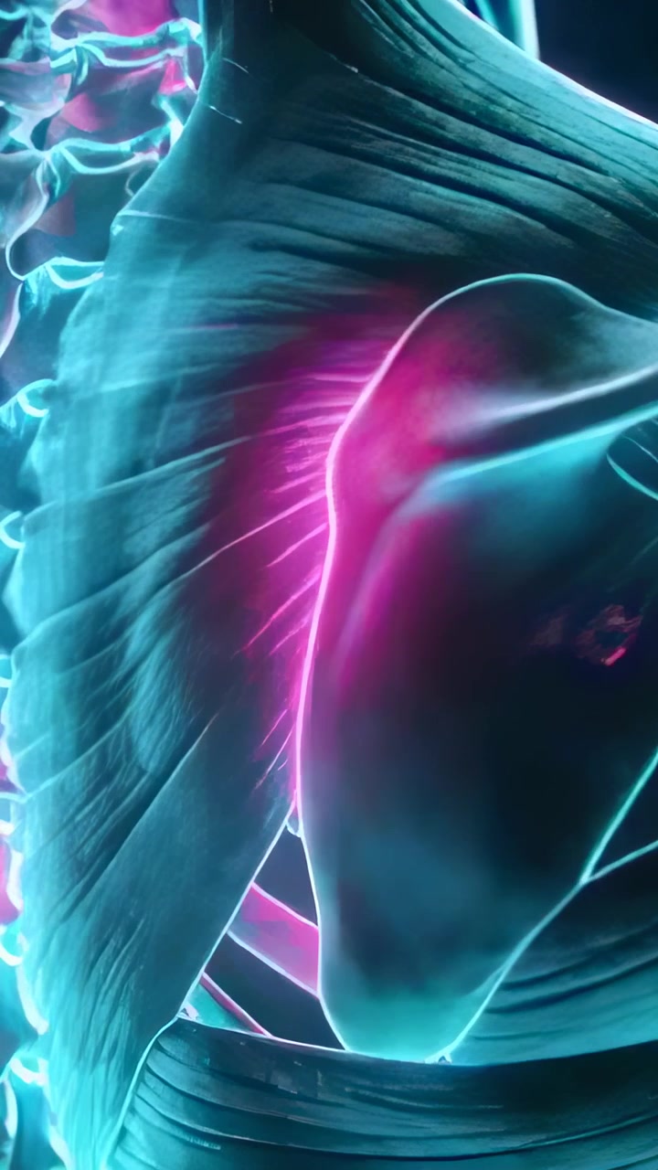 Vertical video: Showing scapula muscle pulsing pink glow in 3D model at frame two, indicating focus