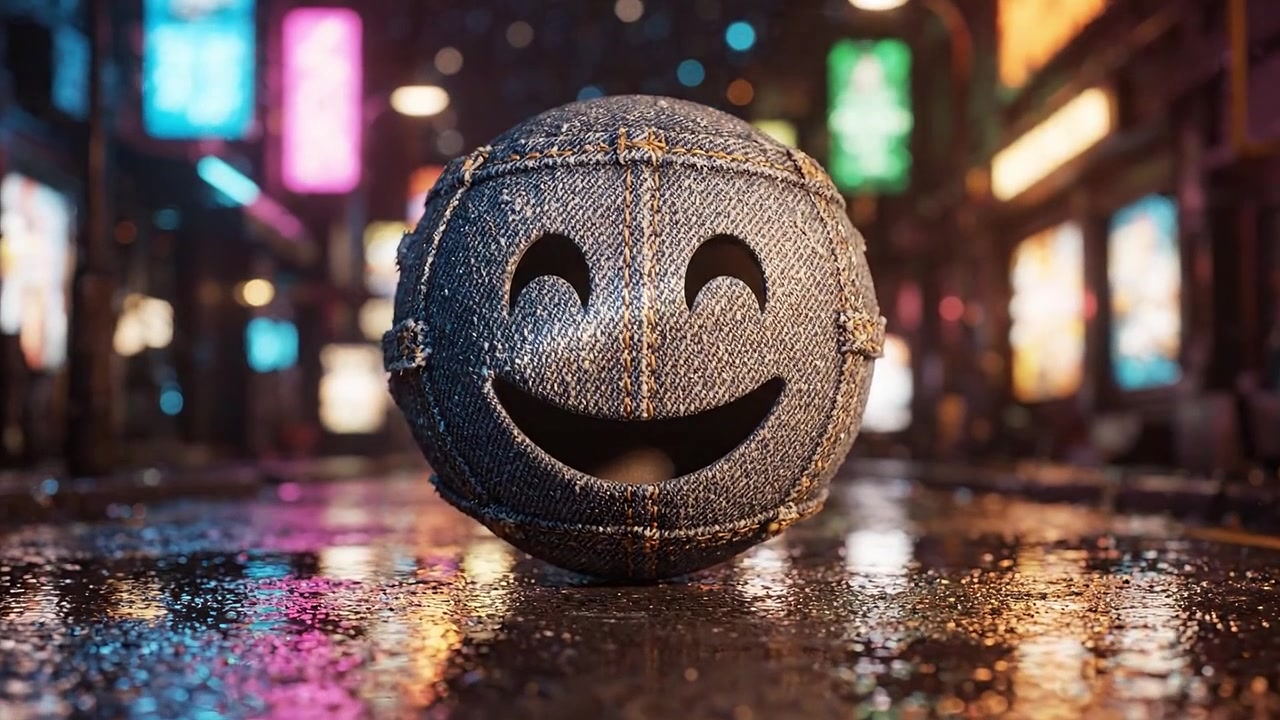 En legesyg smiley-bold i denim på en regnfuld gade om natten, omgivet af levende neonlys og spejlinger i vandpytterne i et bybillede.