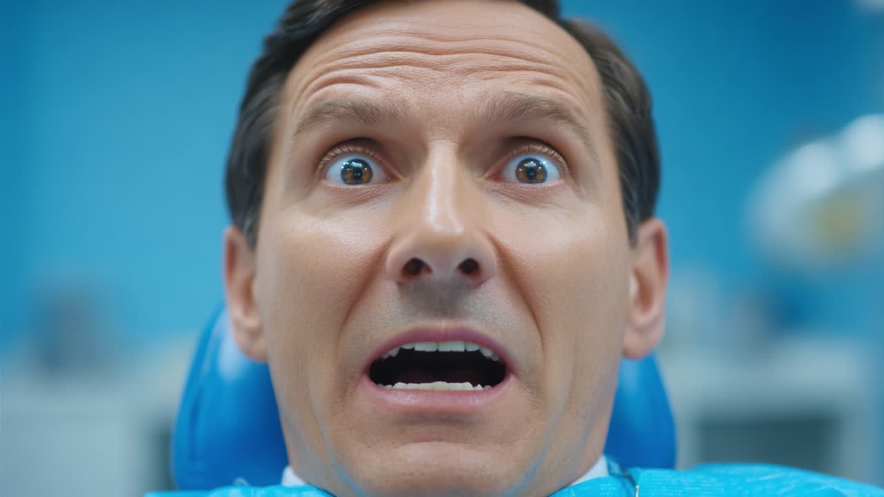 Un paziente angosciato: che prova estrema ansia sulla poltrona del dentista, catturato in due inquadrature drammatiche che illustrano la paura delle procedure dentistiche.