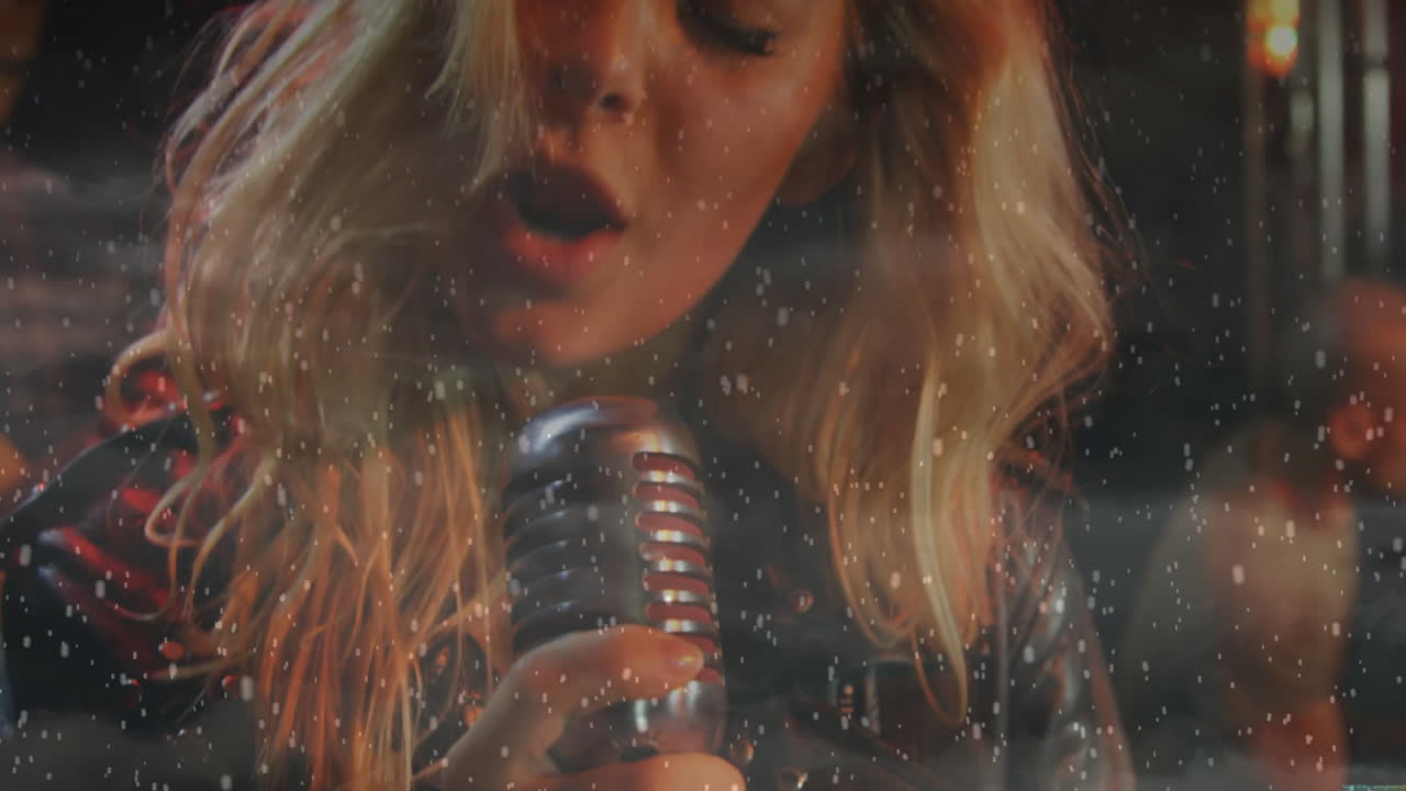 female singer performing on music industry stage, with animated music notes and falling particles