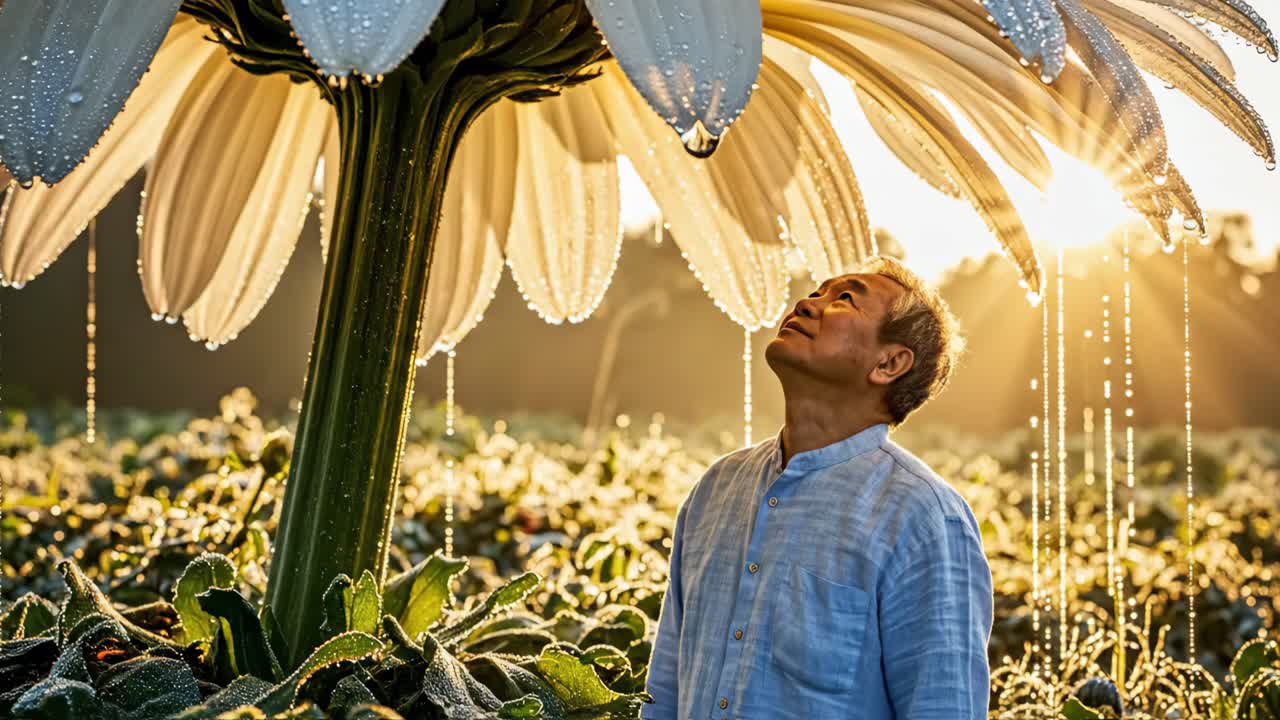 Man admiring a giant daisy in a sunlit field