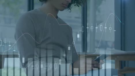 animation of statistics and data processing over man using smartphone