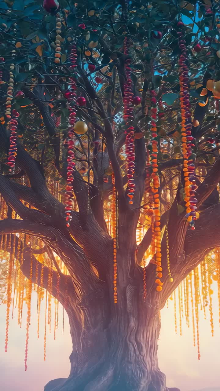 Video verticale: inclinazione della fotocamera verso l'alto sul tronco in radura, luce dell'alba che illumina ghirlande di agrumi