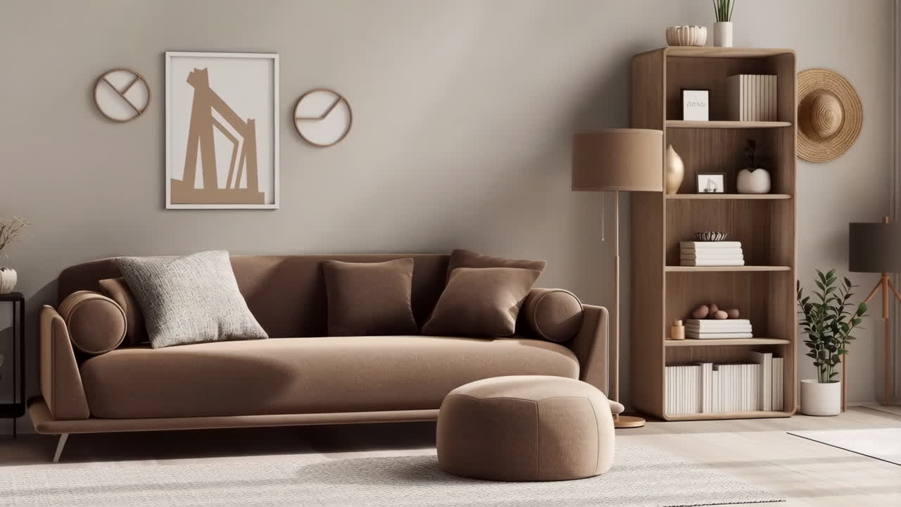 Modern Neutral Toned Living Room with Sofa, Bookshelf, and Cozy Decor