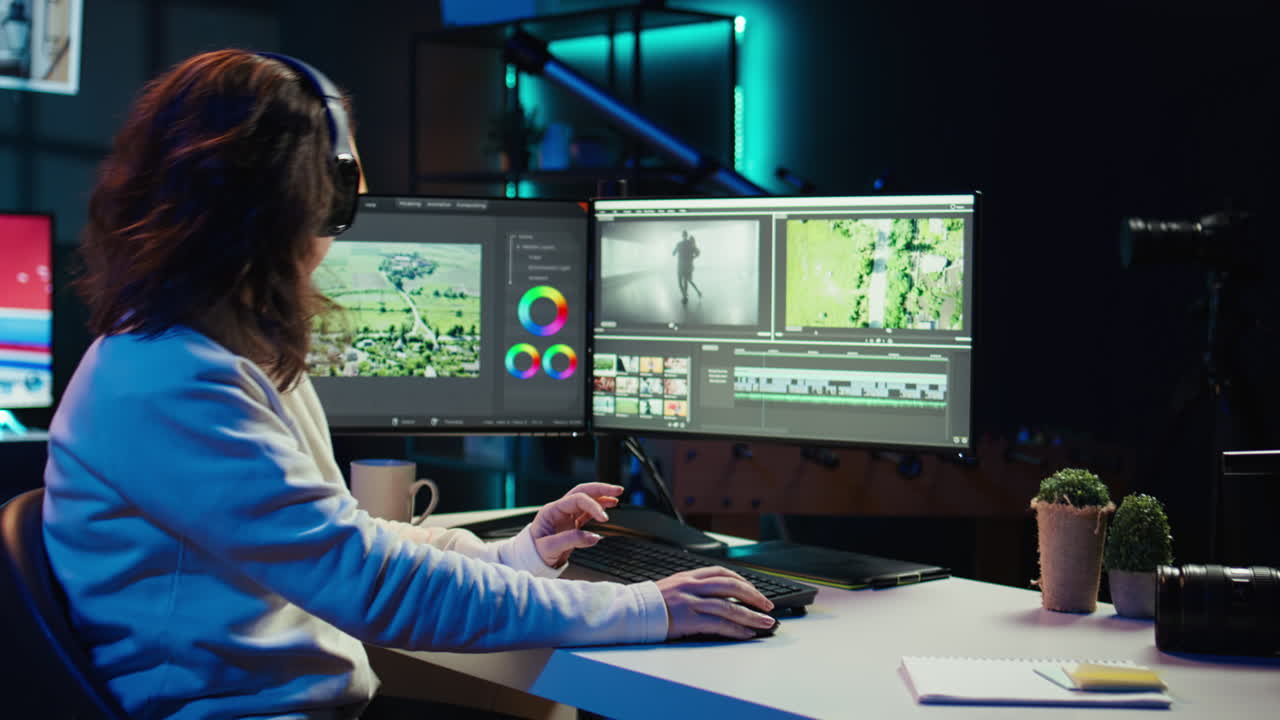 Videographer working on film montage, listening music