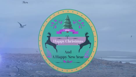 animation of 2020, merry christmas and happy new year text, reindeers ,trees over dump yard