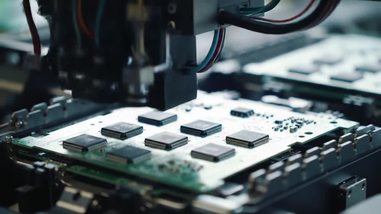 Viewers can explore the intricate process of assembling electronic circuit boards as machines precisely place components on the substrate.