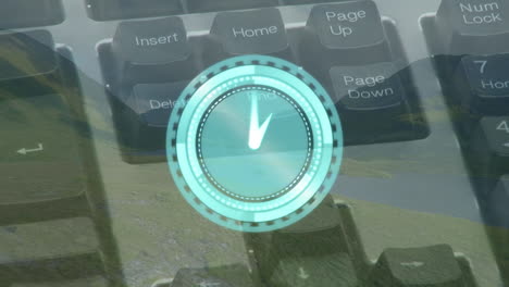 animación de reloj en movimiento sobre las manecillas escribiendo en el teclado y el paisaje