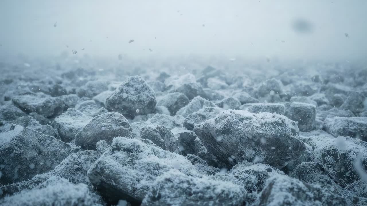 Dolly revealing frost-coated angular rocks sliding ahead across foggy field, snow settling
