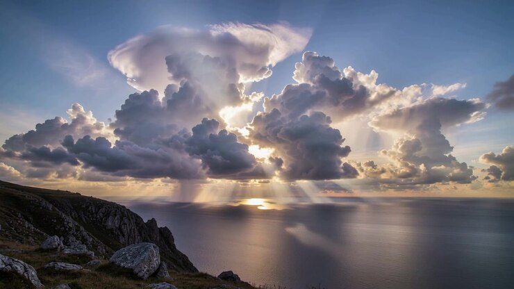 Breaking sun piercing cloud gaps, tall cloud casting sunbeams from cliff, creating golden patch
