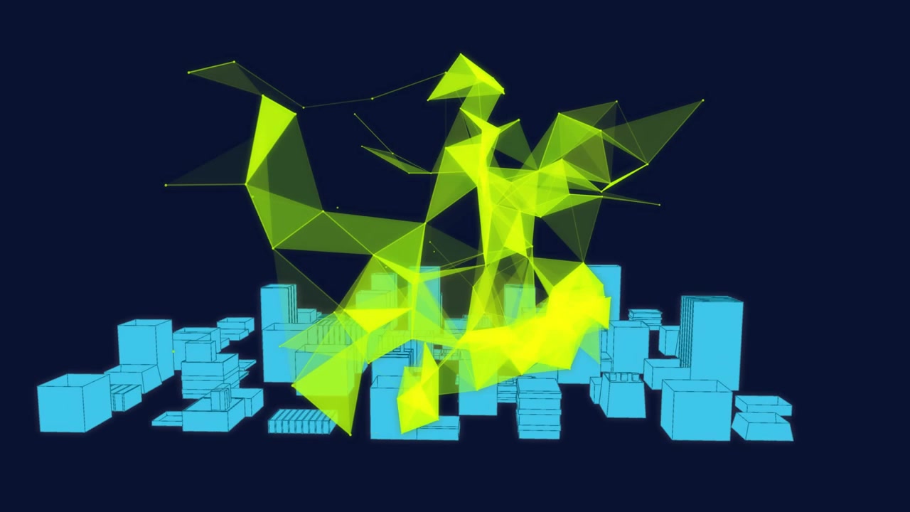 Rete triangolare verde neon che emerge sopra quadrati blu, espandendo e impilando cubi in un paesaggio urbano.