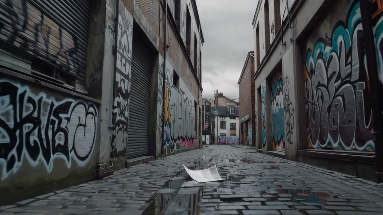 Urban Alleyway with Graffiti and Newspapers
