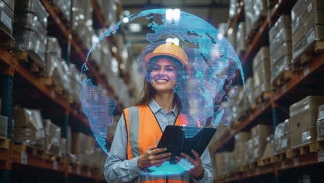 logistics worker utilizing global technology in a warehouse