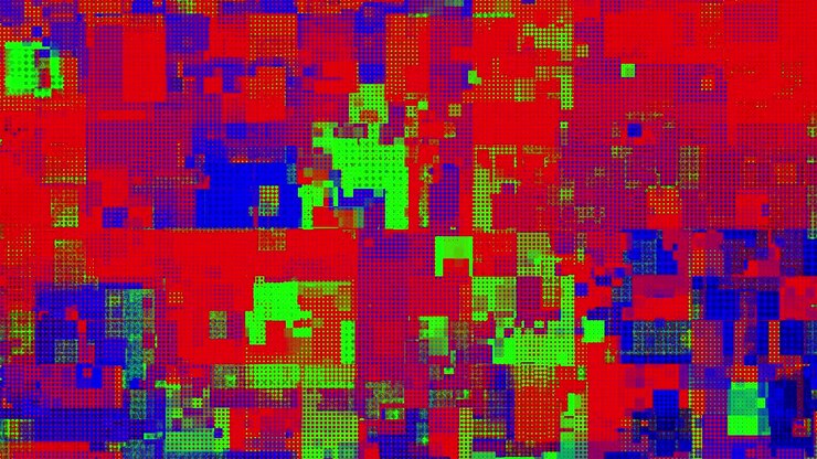 Digital RGB glitch art background, loopable vibrant pixelated error, abstract data corruption pattern