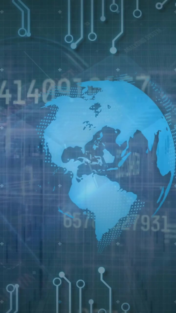 Animation of network of connections and data processing with globe over server room