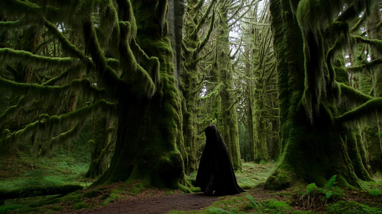 Druido incappucciato che cammina attraverso una foresta muschiosa tra imponenti alberi antichi ricoperti di spesso muschio verde, luce soffusa