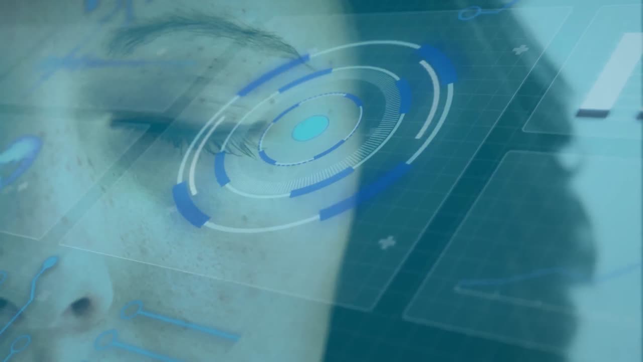 Animation of statistics processing and scope scanning on screens over woman's eye in background