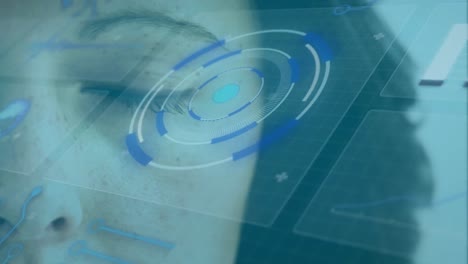 Animation of statistics processing and scope scanning on screens over woman&#039;s eye in background